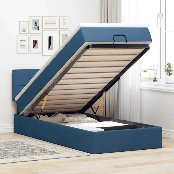 Lit ottoman avec matelas bleu 100x200 cm tissu