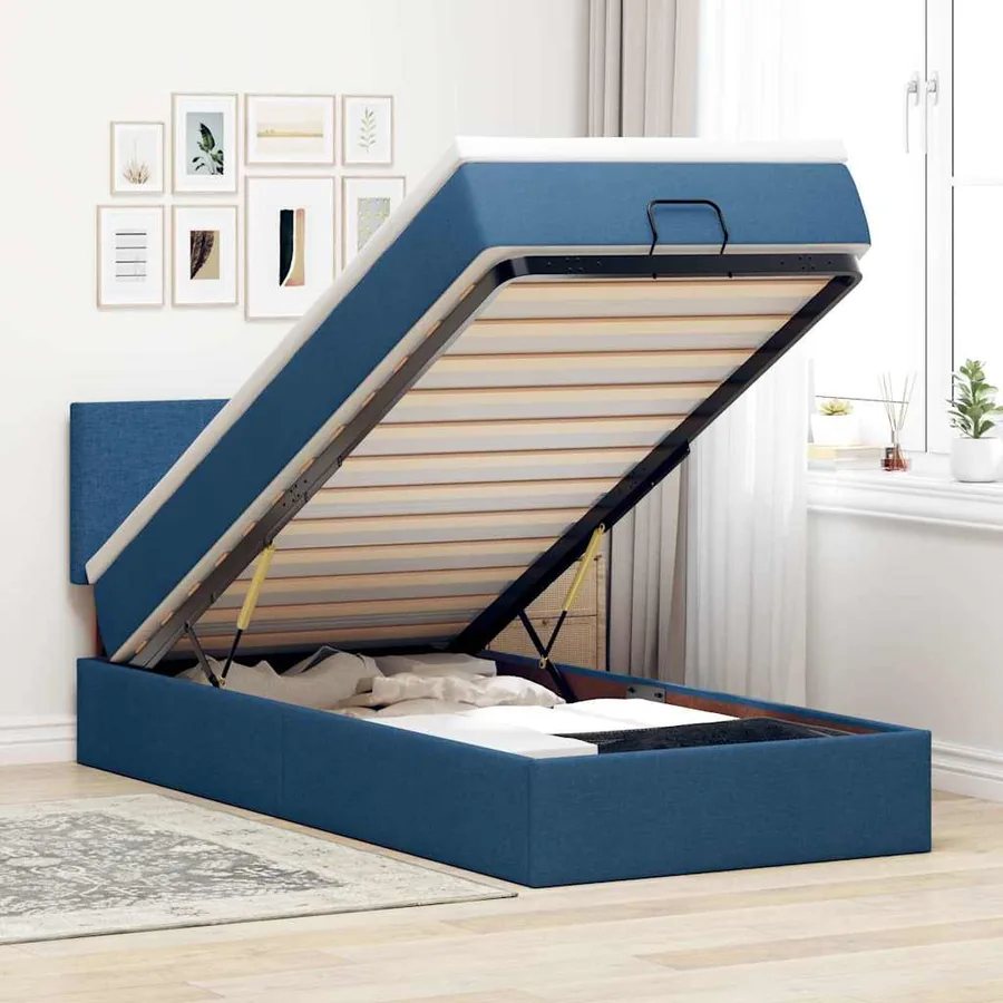 Lit ottoman avec matelas bleu 100x200 cm tissu