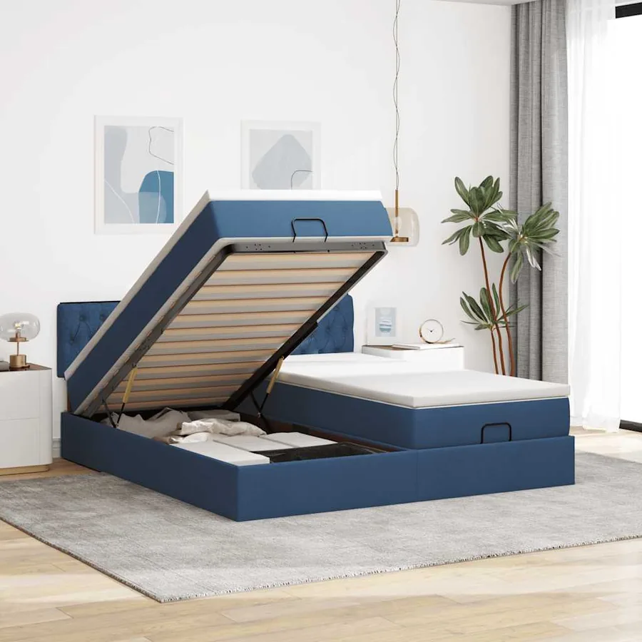 Cadre de lit ottoman avec matelas bleu 200x200cm tissu