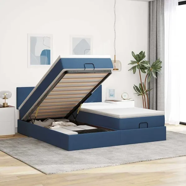 Cadre de lit ottoman avec matelas bleu 200x200cm tissu