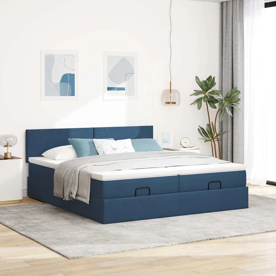 Cadre de lit ottoman avec matelas bleu 200x200cm tissu - 3
