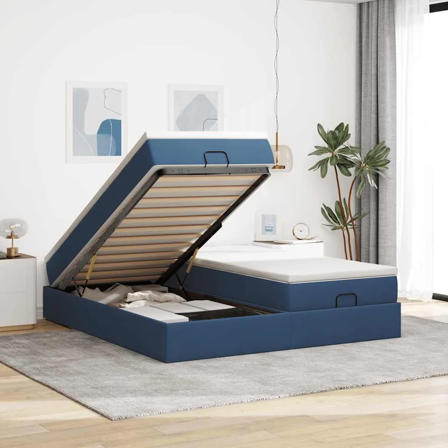 Cadre de lit ottoman avec matelas bleu 200x200cm tissu