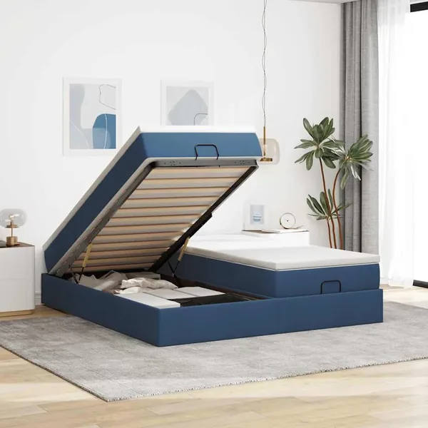 Cadre de lit ottoman avec matelas bleu 200x200cm tissu