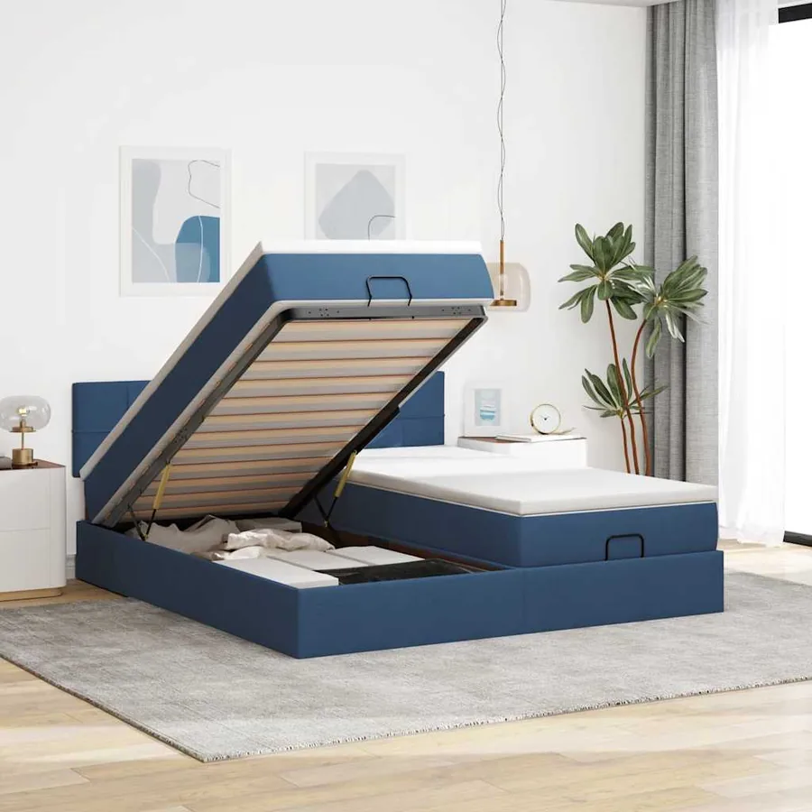Cadre de lit ottoman avec matelas bleu 200x200cm tissu