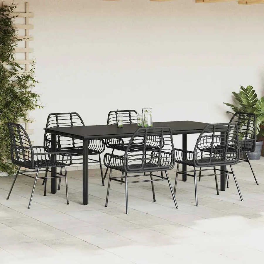 Ensemble à manger de jardin 7pcs noir poly rotin verre - 3