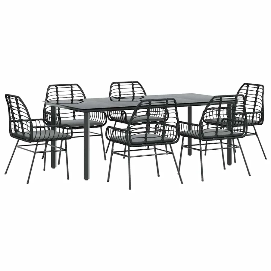Ensemble à manger de jardin coussins 7pcs noir poly rotin verre - 2