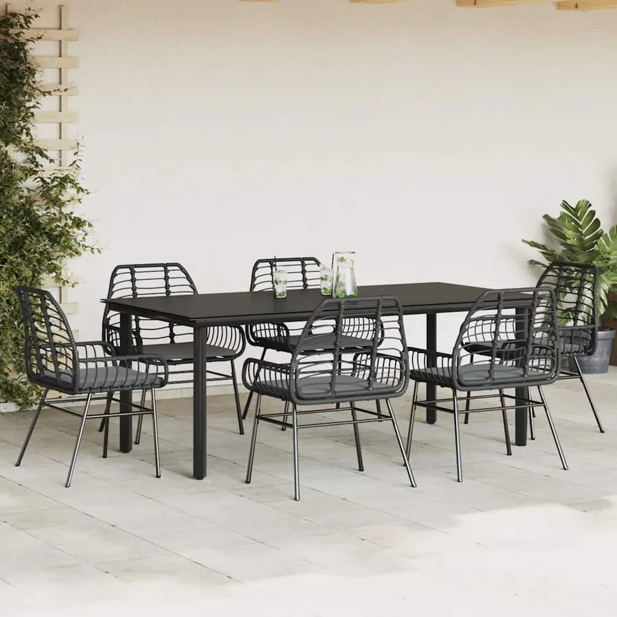 Ensemble à manger de jardin coussins 7pcs noir poly rotin verre - 3
