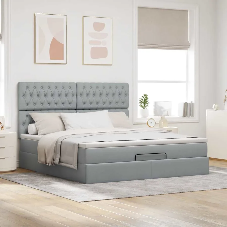 Cadre de lit ottoman et matelas gris clair 160x200cm tissu - 3