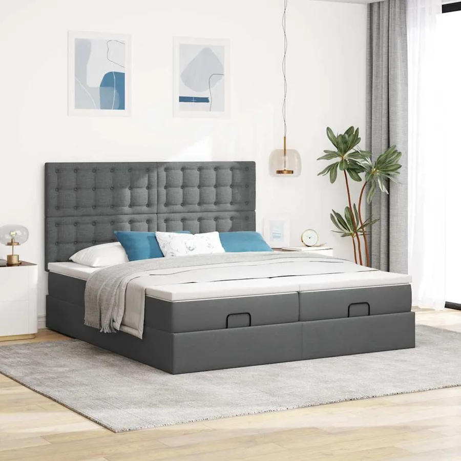 Cadre de lit ottoman avec matelas gris foncé 200x200cm tissu - 3