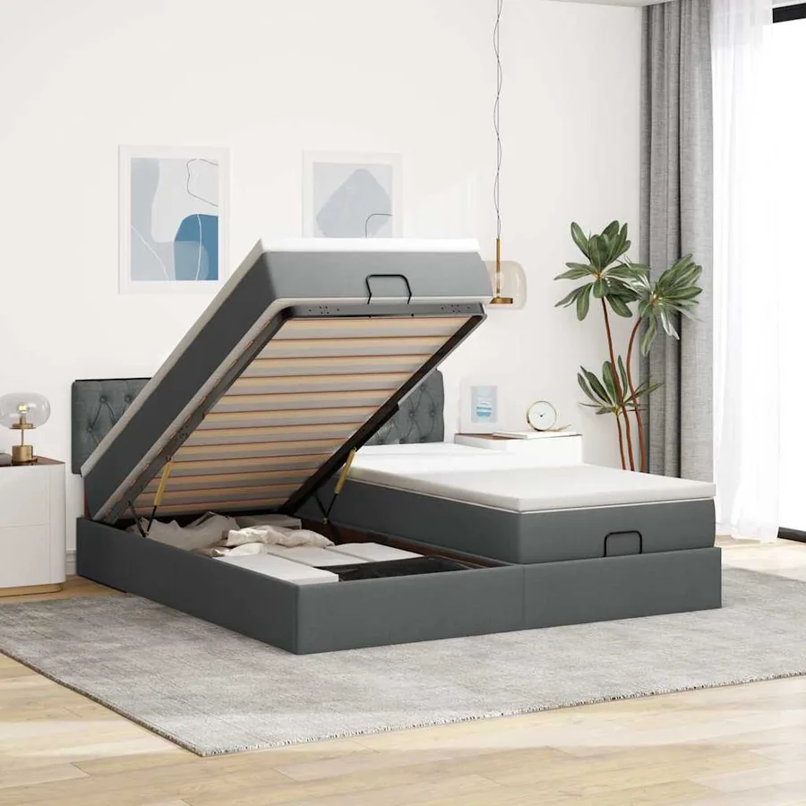 Cadre de lit ottoman avec matelas gris foncé 200x200cm tissu
