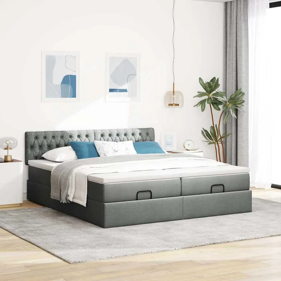 Cadre de lit ottoman avec matelas gris foncé 200x200cm tissu - 3