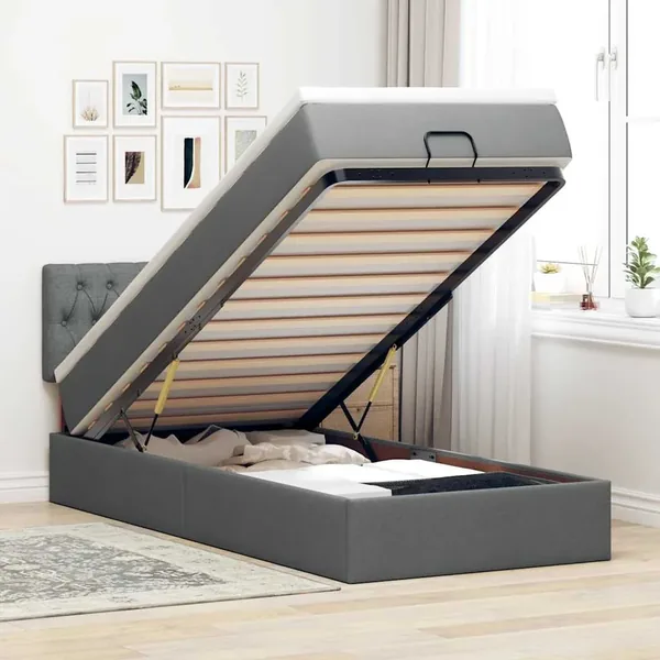 Cadre de lit ottoman avec matelas gris foncé 100x200 cm tissu