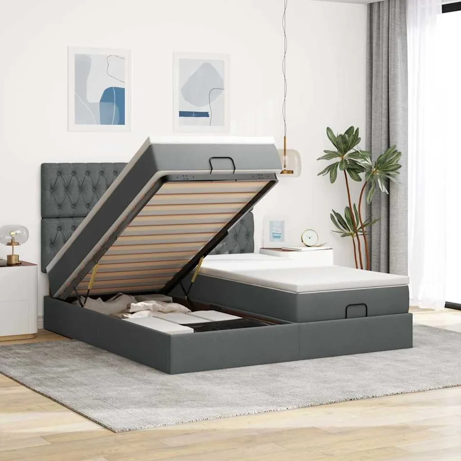 Cadre de lit ottoman avec matelas gris foncé 200x200cm tissu