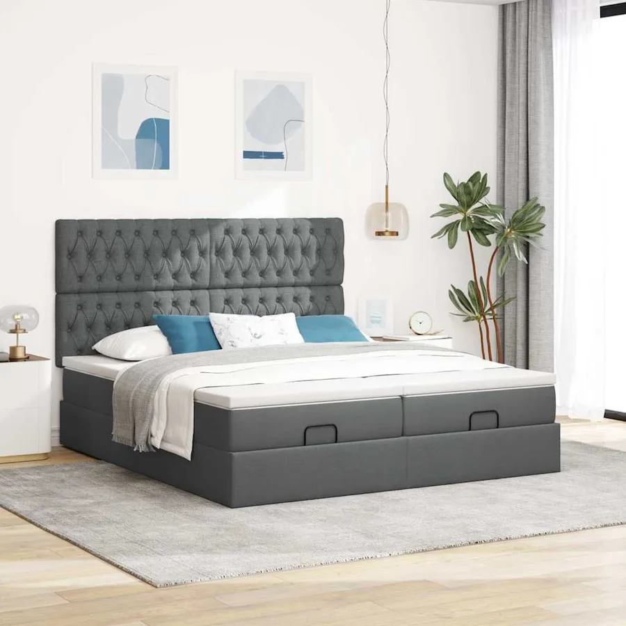 Cadre de lit ottoman avec matelas gris foncé 200x200cm tissu - 3