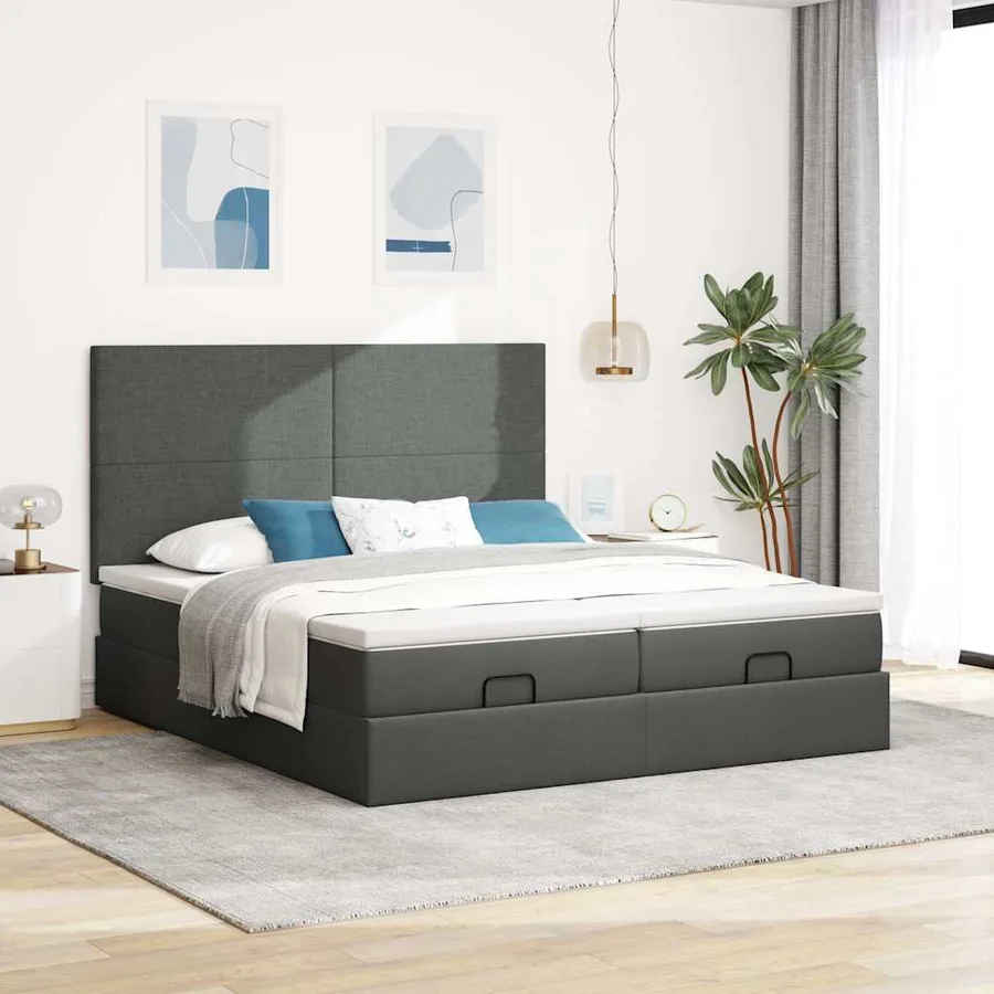 Cadre de lit ottoman avec matelas gris foncé 200x200cm tissu - 3