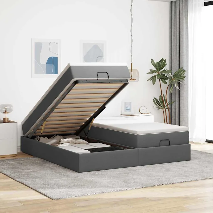 Cadre de lit ottoman avec matelas gris foncé 200x200cm tissu