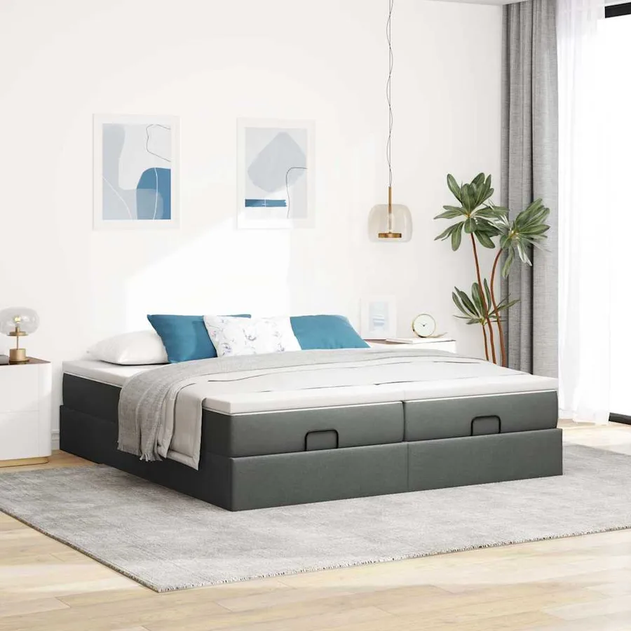 Cadre de lit ottoman avec matelas gris foncé 200x200cm tissu - 3