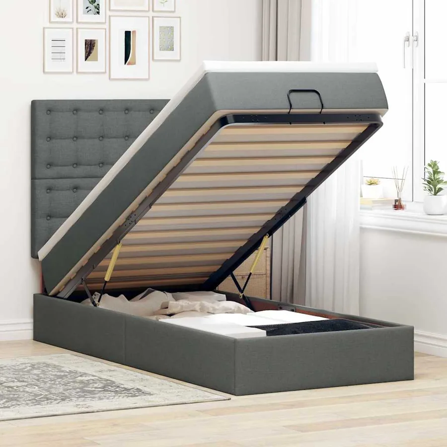 Cadre de lit ottoman avec matelas gris foncé 100x200 cm tissu