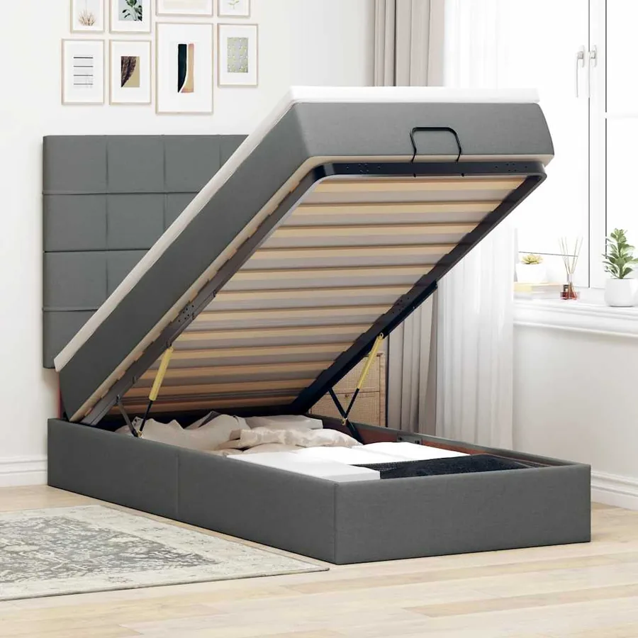 Cadre de lit ottoman avec matelas gris foncé 100x200 cm tissu