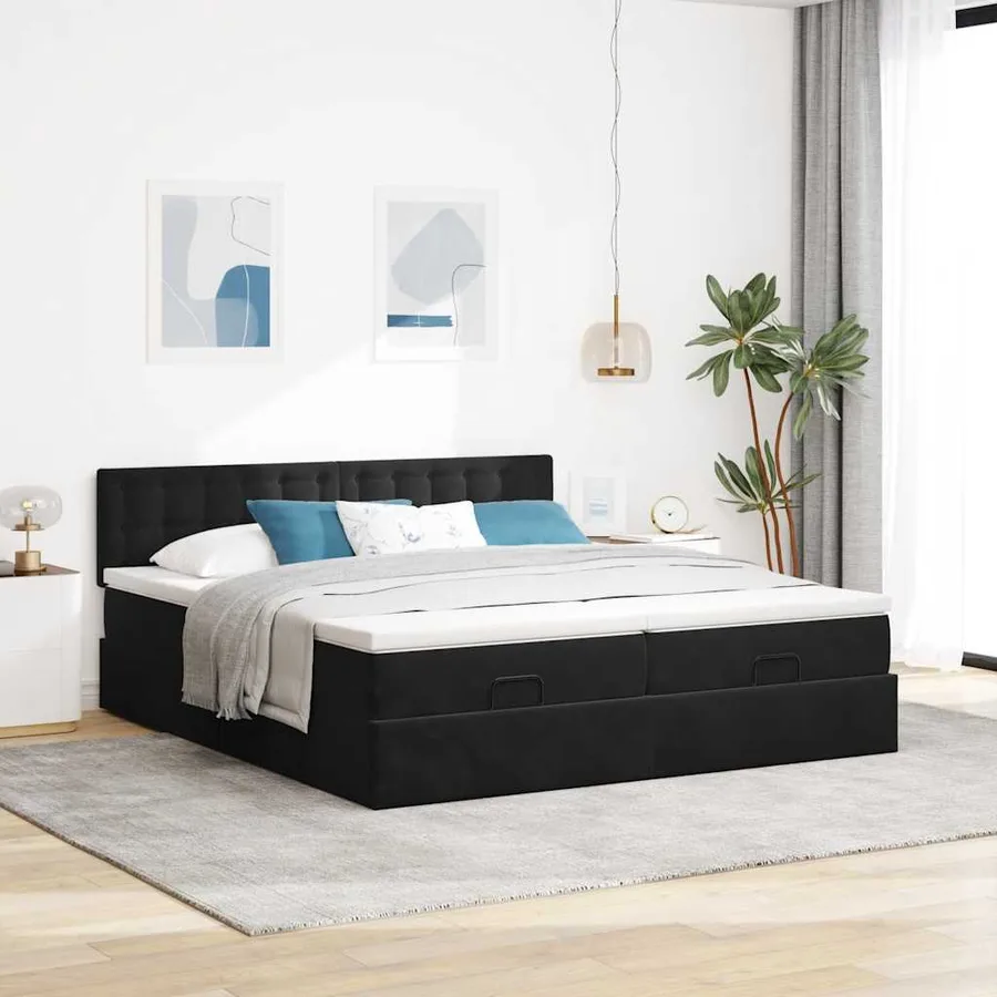Cadre de lit ottoman avec matelas noir 200x200cm velours - 3