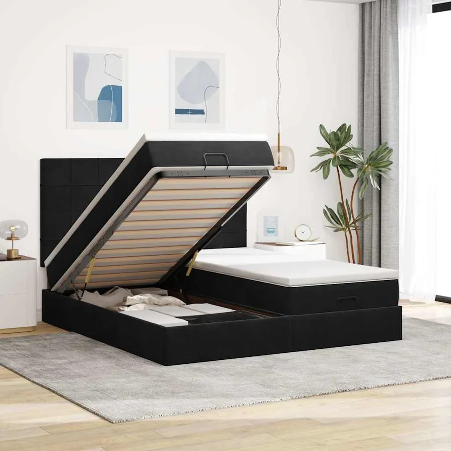 Cadre de lit ottoman avec matelas noir 200x200cm velours