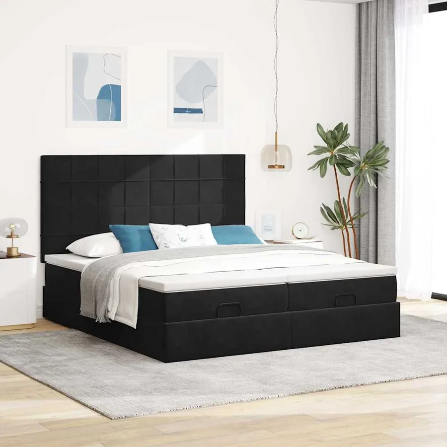 Cadre de lit ottoman avec matelas noir 200x200cm velours - 3