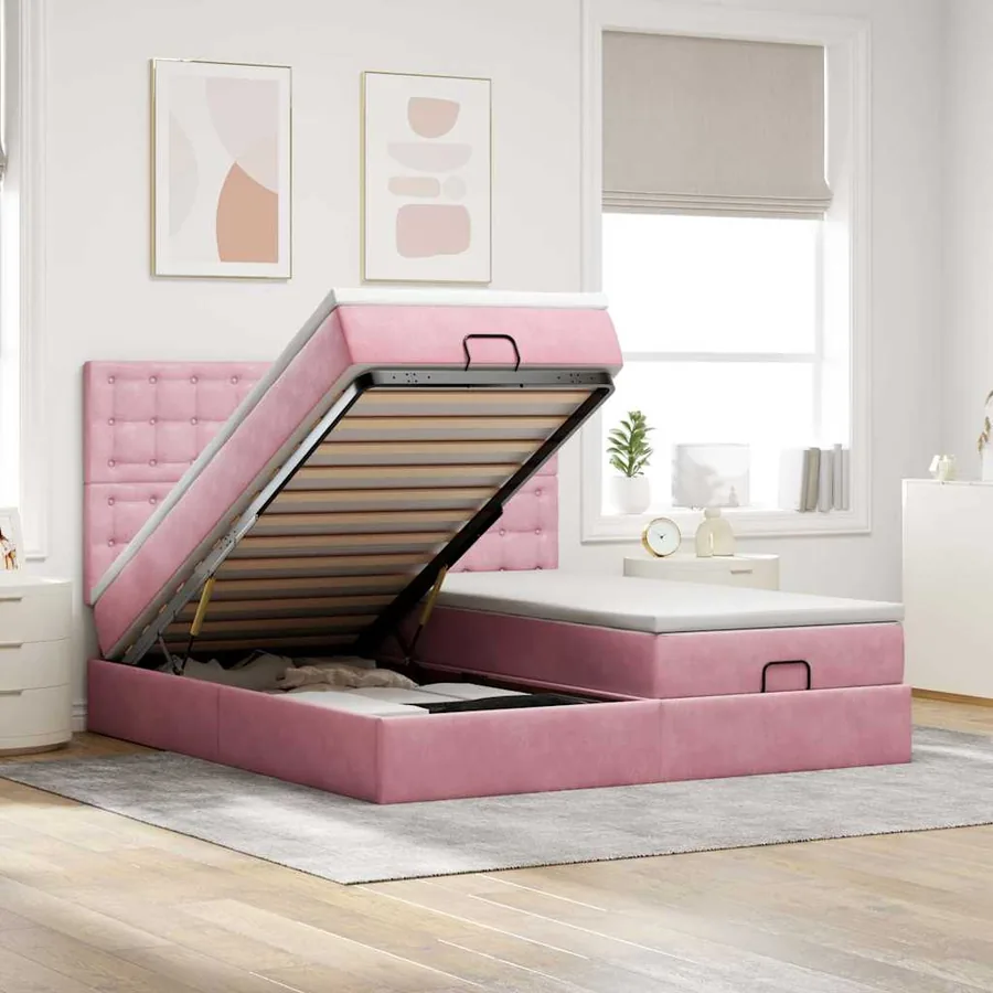 Cadre de lit ottoman avec matelas rose 200x200 cm velours