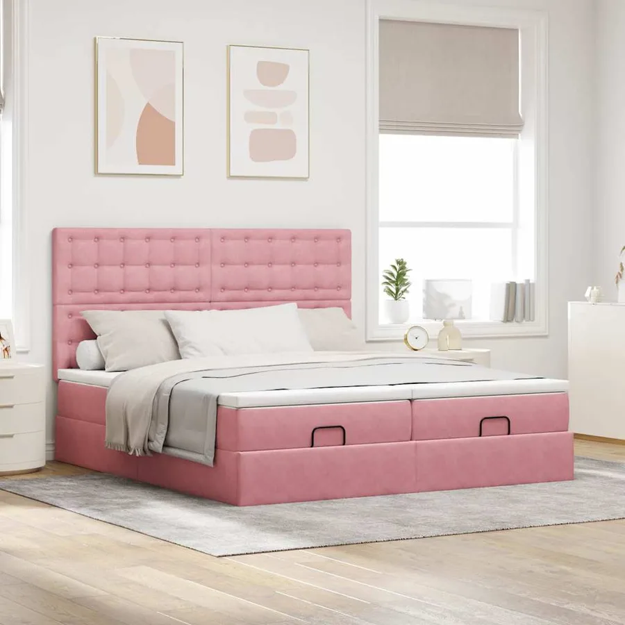 Cadre de lit ottoman avec matelas rose 200x200 cm velours - 3