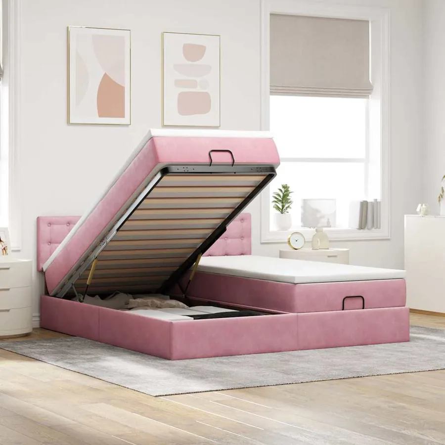 Cadre de lit ottoman avec matelas rose 200x200 cm velours