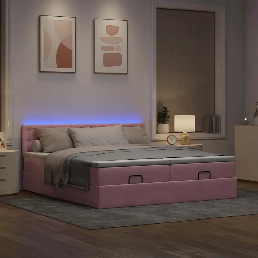 Cadre de lit ottoman avec matelas rose 200x200 cm velours - 3