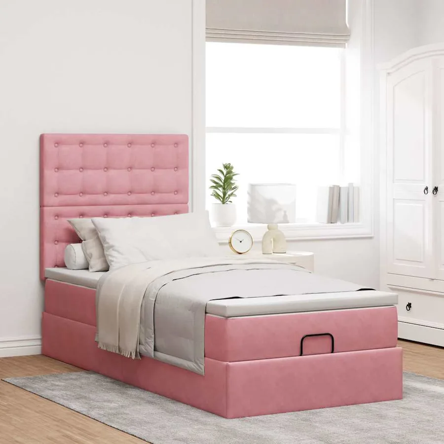 Cadre de lit ottoman avec matelas rose 100x200 cm velours - 4