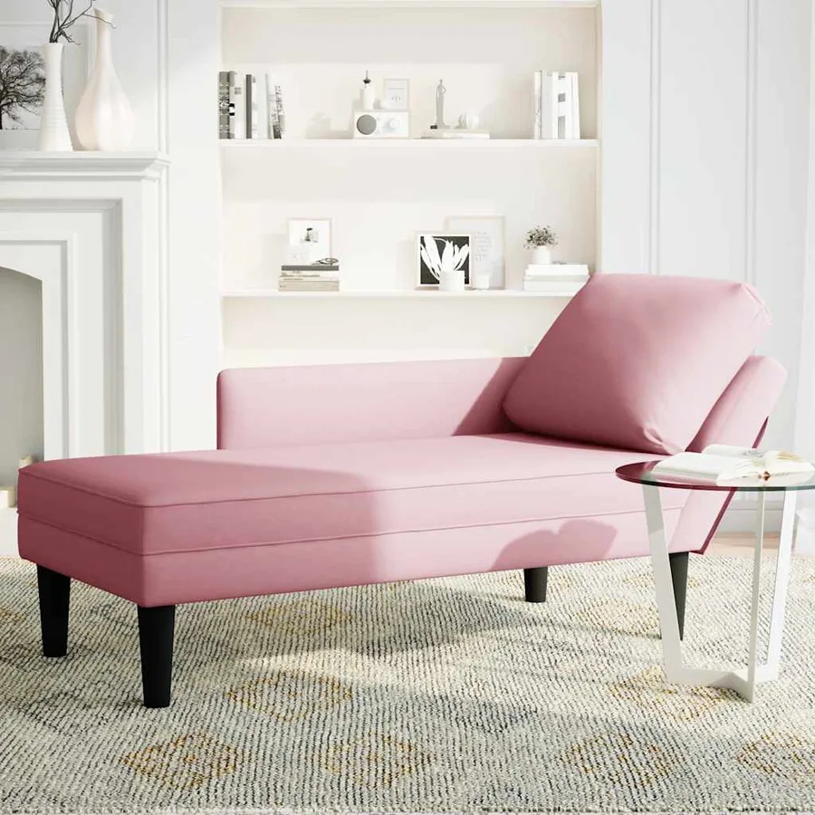 Fauteuil long avec coussin et accoudoir droit rose velours - 3