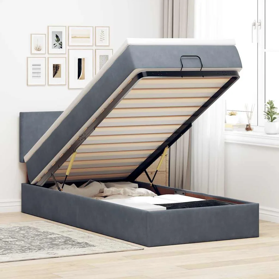 Cadre de lit ottoman avec matelas gris foncé 100x200 cm velours
