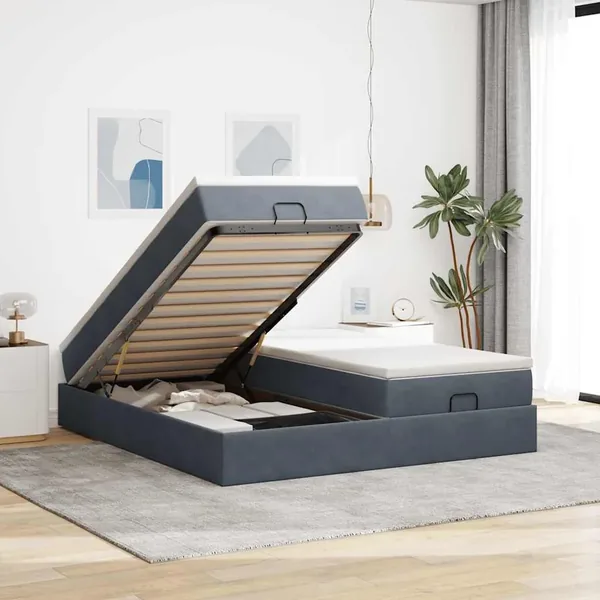 Cadre de lit ottoman avec matelas gris foncé 200x200 cm velours