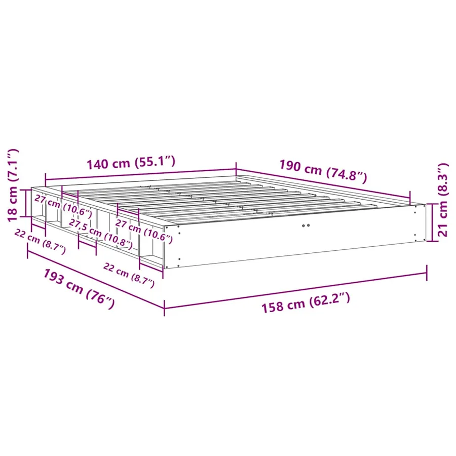 Cadre de lit sans matelas 140x190 cm bois massif de chêne - 11