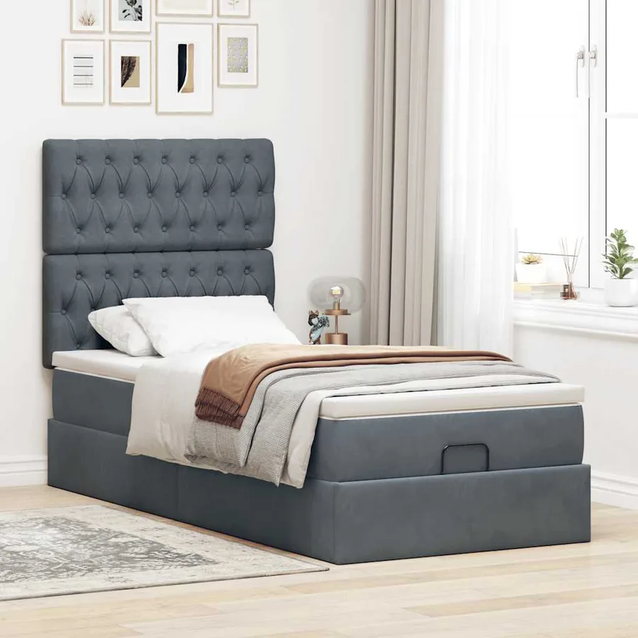 Cadre de lit ottoman avec matelas gris foncé 100x200 cm velours - 4