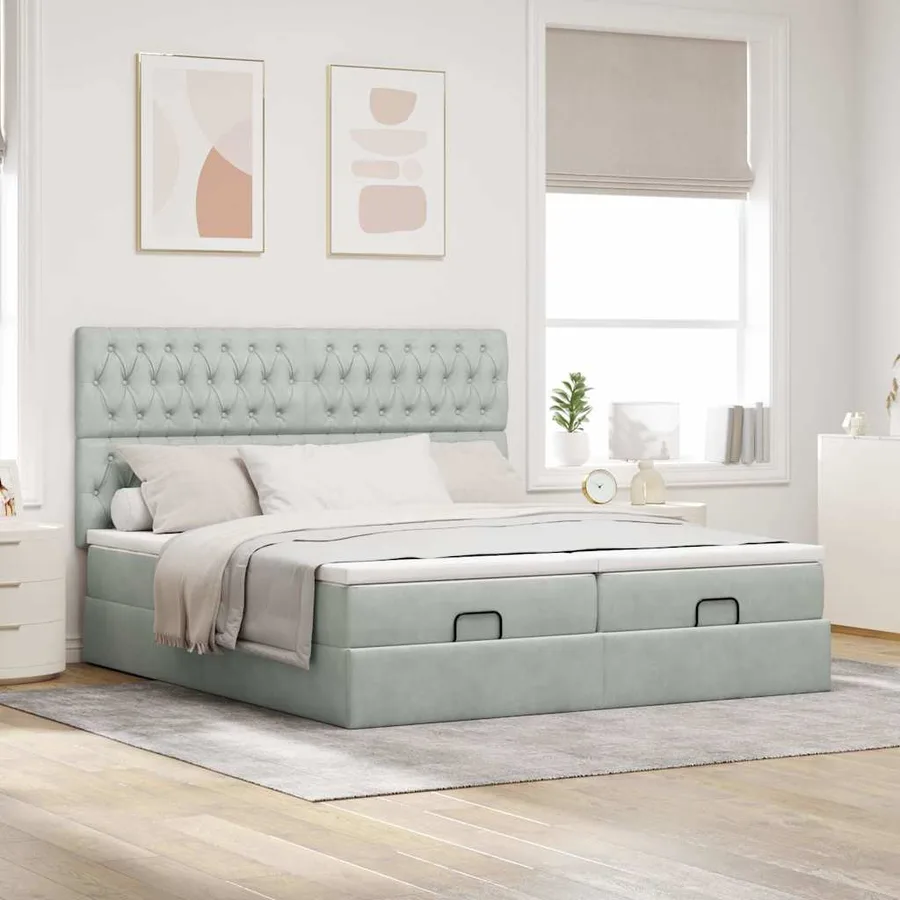 Cadre de lit ottoman avec matelas gris clair 200x200 cm velours - 3