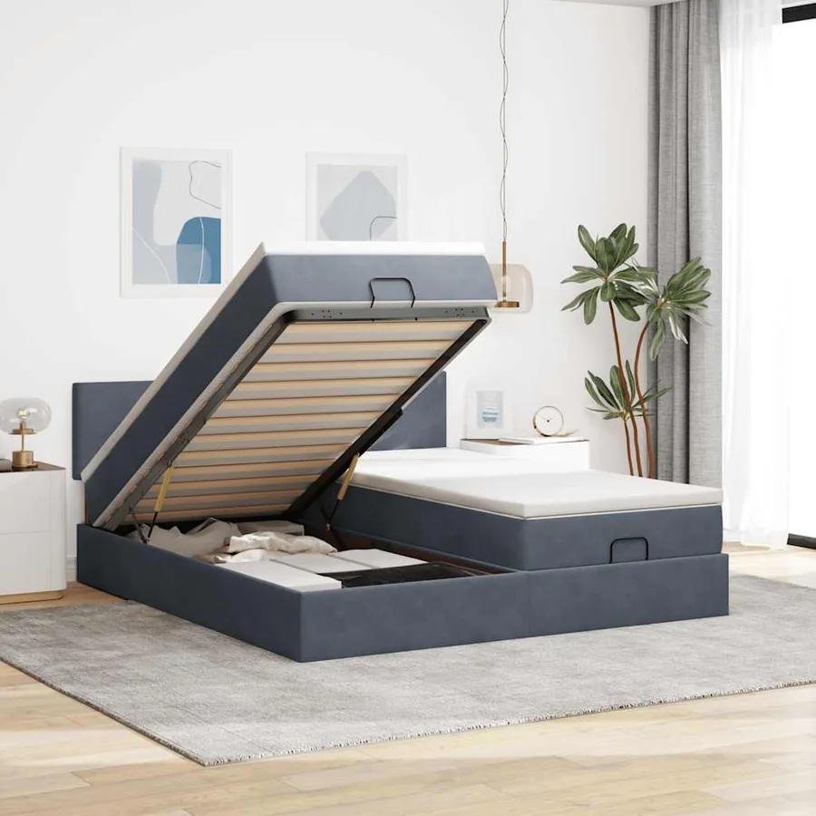 Cadre de lit ottoman avec matelas gris foncé 200x200 cm velours
