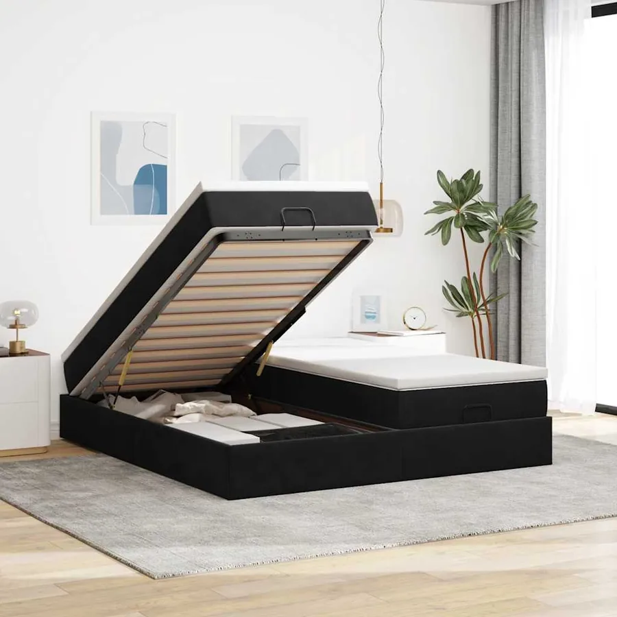 Cadre de lit ottoman avec matelas noir 180x200cm velours