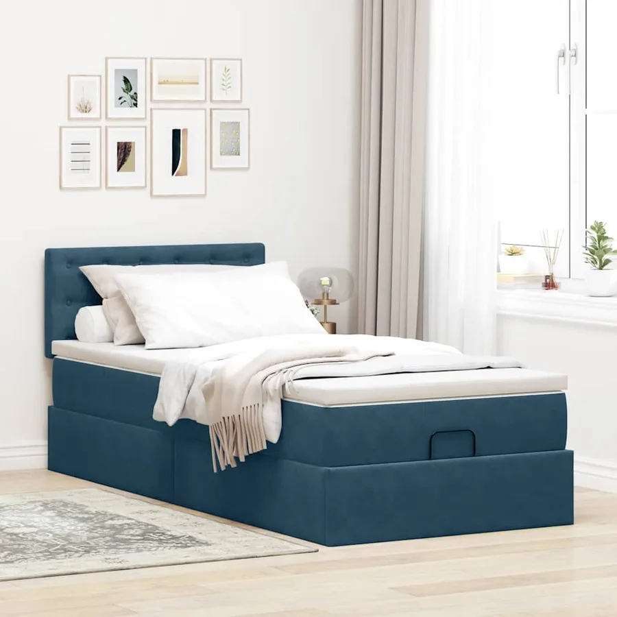 Cadre de lit ottoman avec matelas bleu foncé 90x200 cm velours - 3