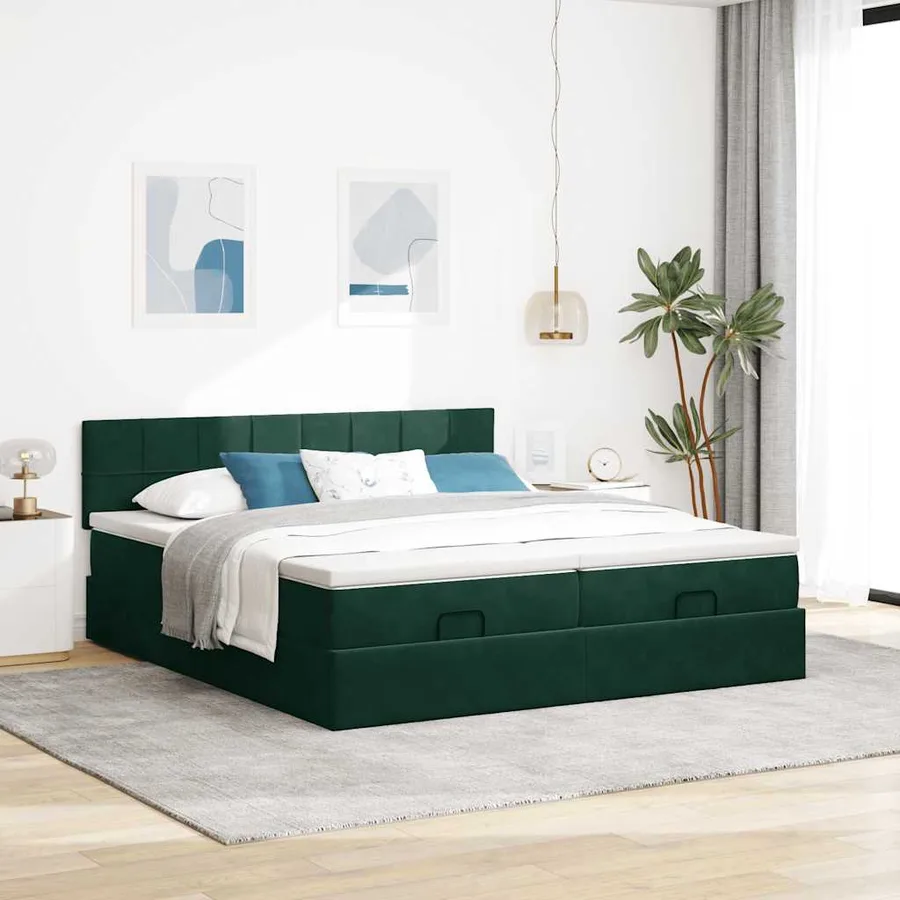 Cadre de lit ottoman avec matelas vert foncé 200x200 cm velours - 4