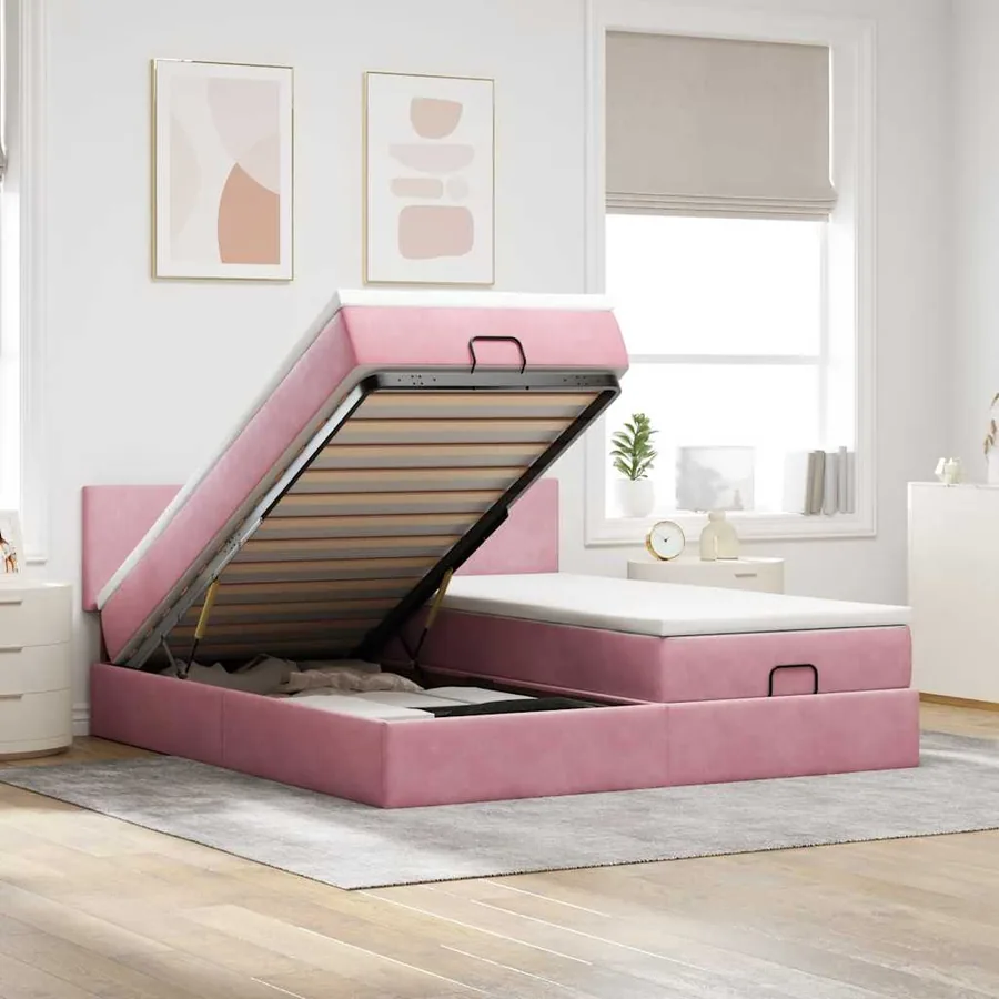 Cadre de lit ottoman avec matelas rose 180x200 cm velours
