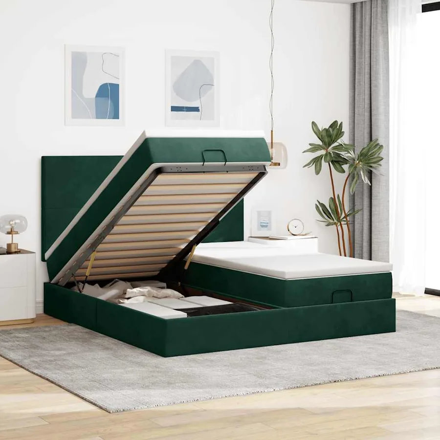 Cadre de lit ottoman avec matelas vert foncé 200x200 cm velours