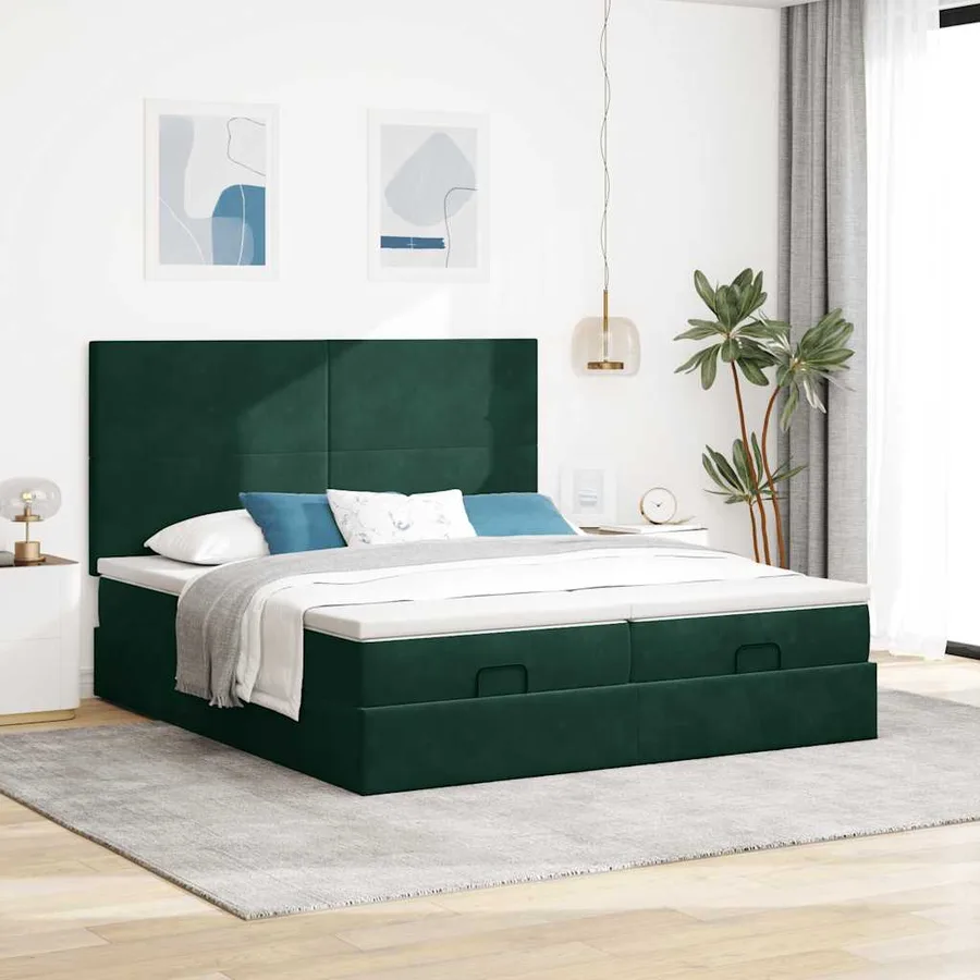 Cadre de lit ottoman avec matelas vert foncé 200x200 cm velours - 3