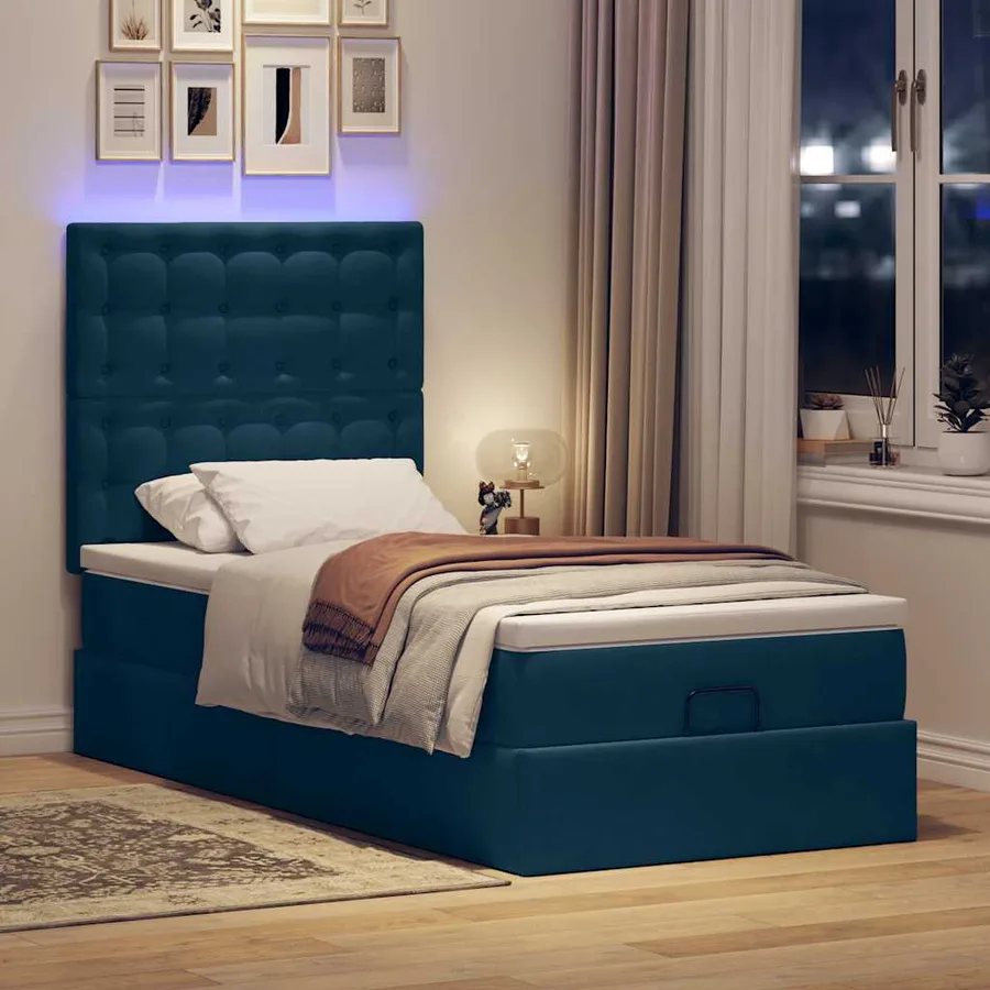 Cadre de lit ottoman avec matelas bleu foncé 90x200 cm velours - 3