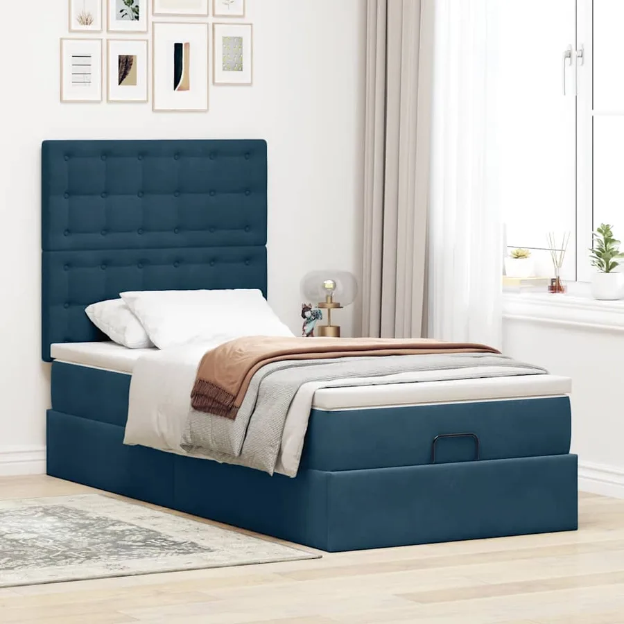 Cadre de lit ottoman avec matelas bleu foncé 90x200 cm velours - 4