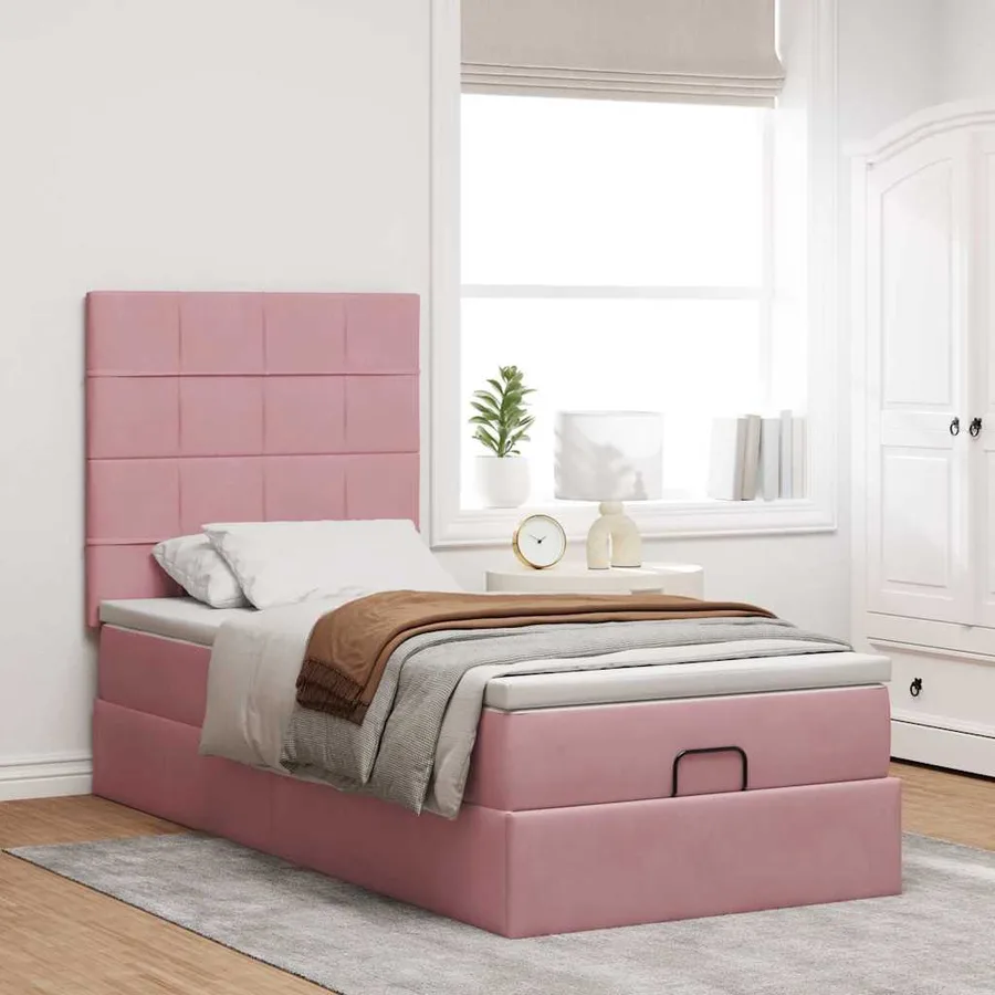 Cadre de lit ottoman avec matelas rose 90x200 cm velours - 3