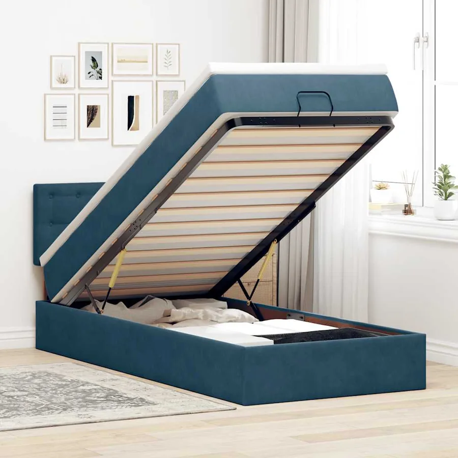 Cadre de lit ottoman avec matelas bleu foncé 90x200 cm velours