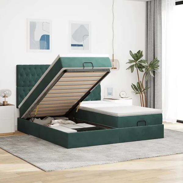 Cadre de lit ottoman avec matelas vert foncé 200x200 cm velours