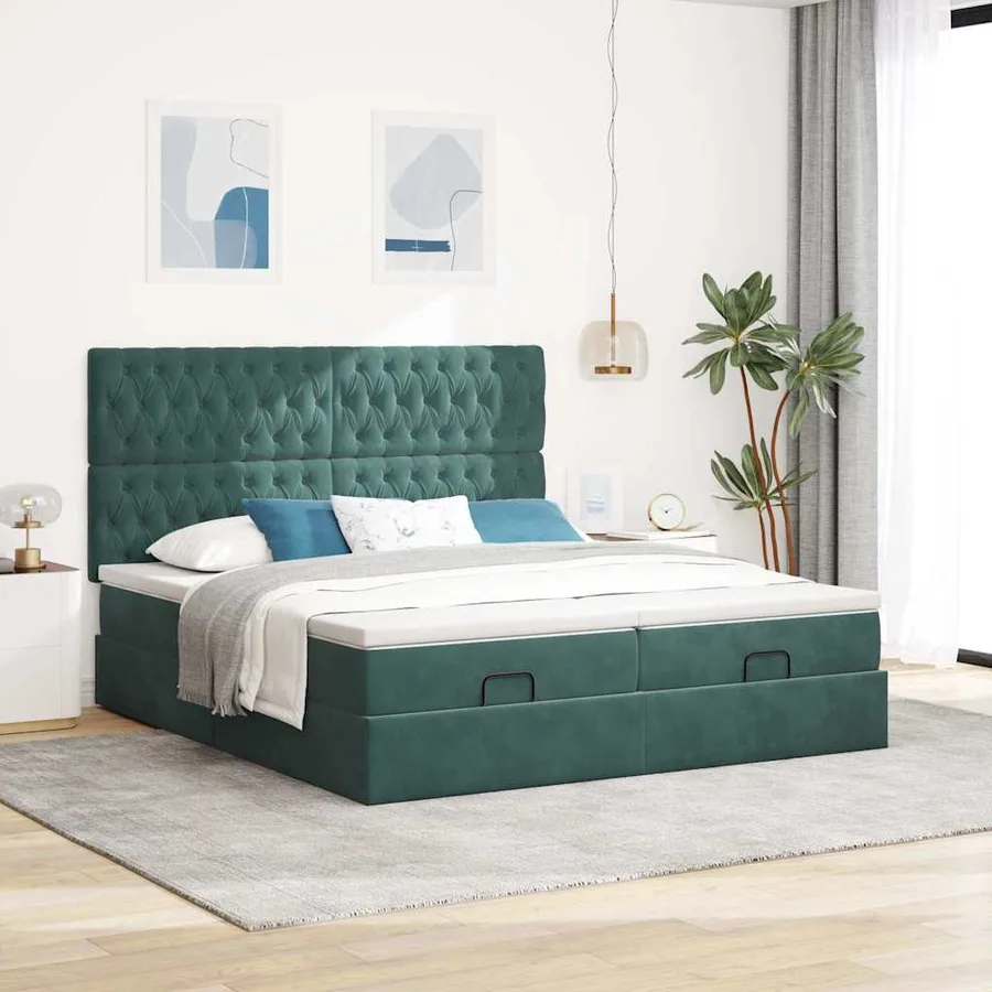Cadre de lit ottoman avec matelas vert foncé 200x200 cm velours - 4